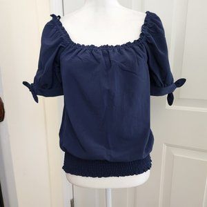 NWT MICHAEL Michael Kors Navy Blue Short Tie Sleeve Elastic blouse Size S